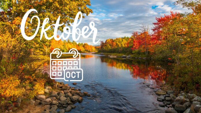 Flusslandschaft mit bunten Blättern, dazu der Schriftzug Oktober und ein Kalenderblatt