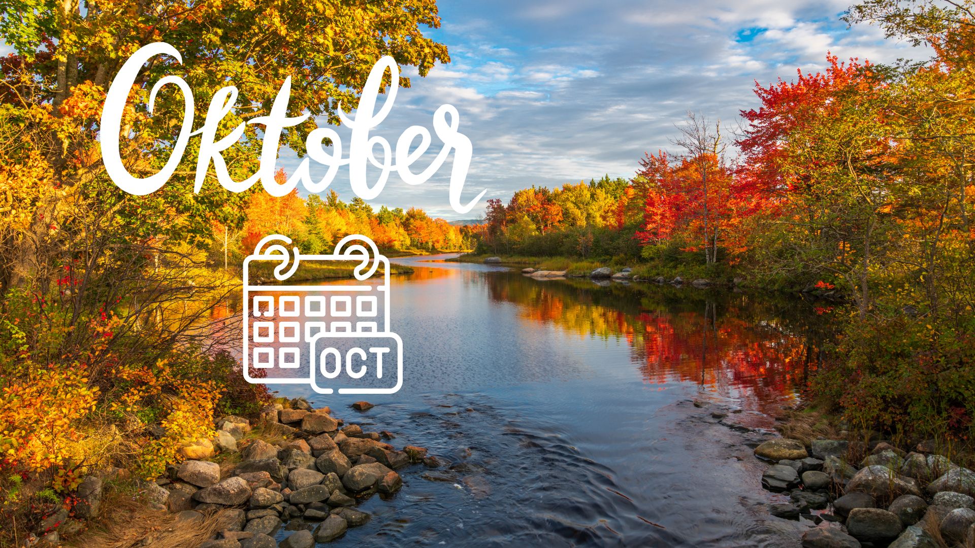 Flusslandschaft mit bunten Blättern, dazu der Schriftzug Oktober und ein Kalenderblatt