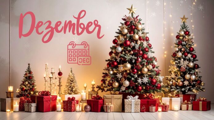 Weihnachtsbaum und Geschenken mit dem Schirtfzug Dezember