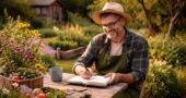 Ein Gärtner schreibt im Garten in ein Notizbuch