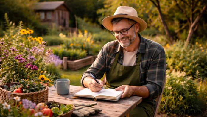 Ein Gärtner schreibt im Garten in ein Notizbuch