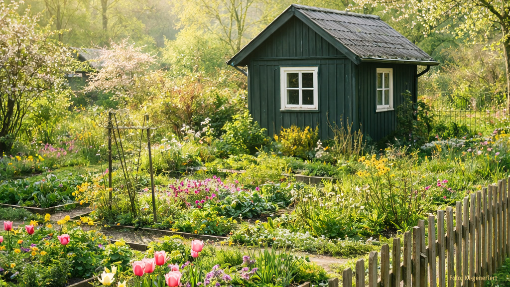 Frühlingserwachen im Kleingarten – Laube im Blütenmeer der ersten Frühblüher